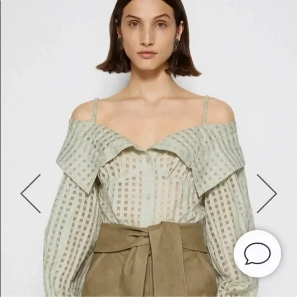 Jonathan Simkhai Paulina Windowpane Cotton Silk Top in Celadon Size XS - Picture 9 of 10